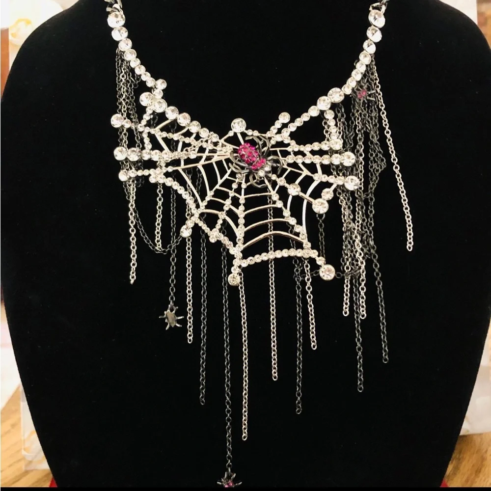 Authentic Betsey Johnson Statement Necklace - Crystal Spider Web, Gothic NWT